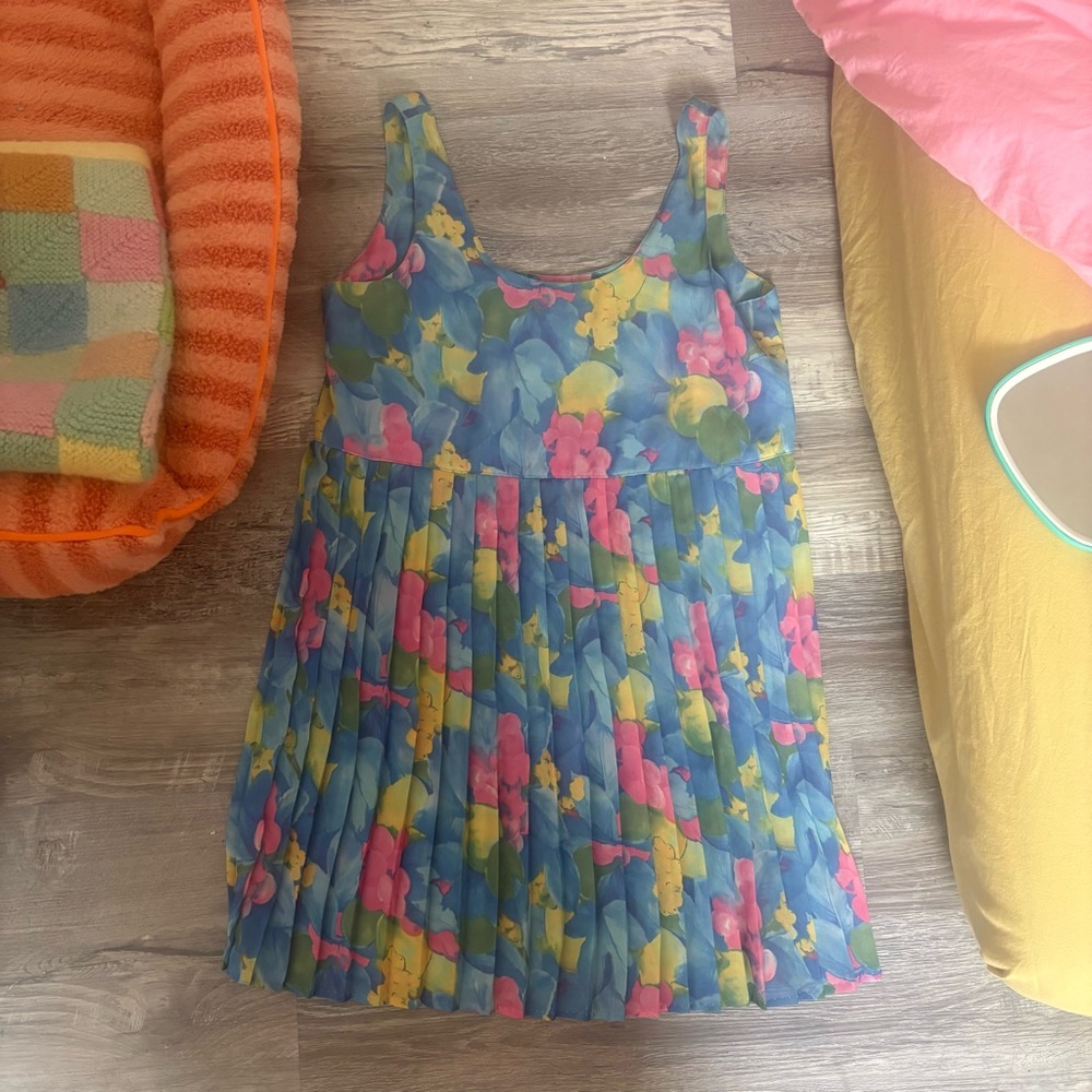 Vintage 1990s BCBG Paris Floral Mini Dress  pastel pleated babydoll